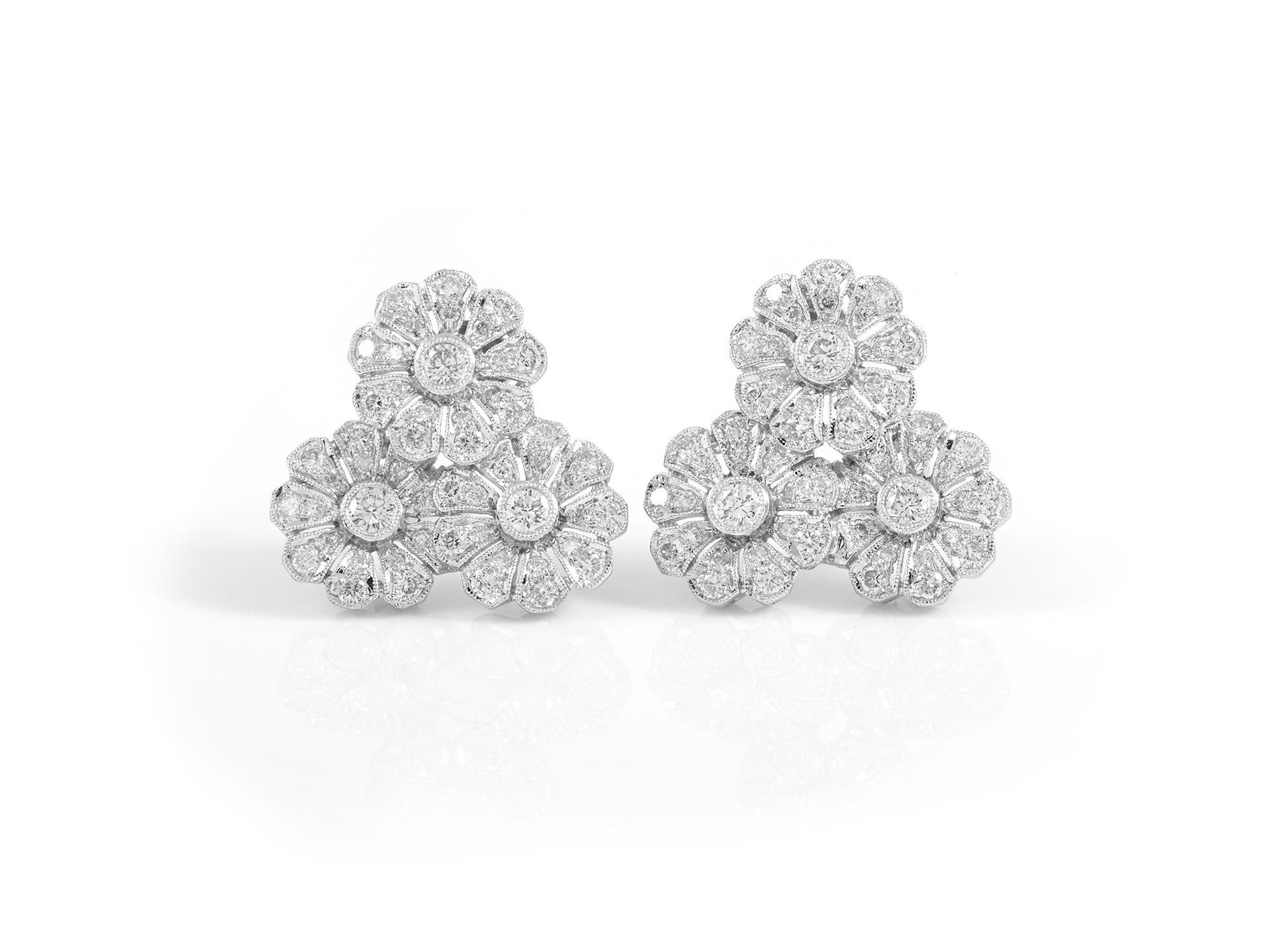 Vintage 1950s 4.28 Carat Diamond Triple Flower Earrings