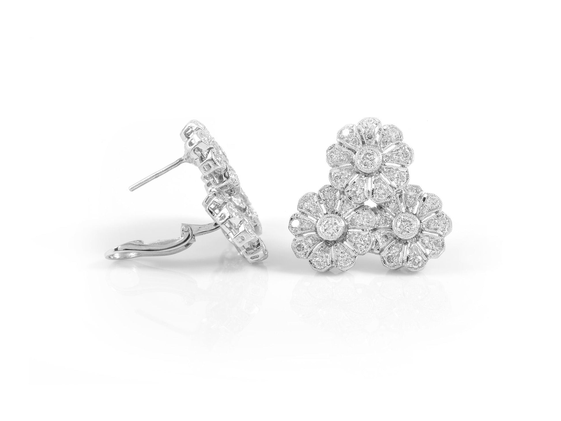 Vintage 1950s 4.28 Carat Diamond Triple Flower Earrings