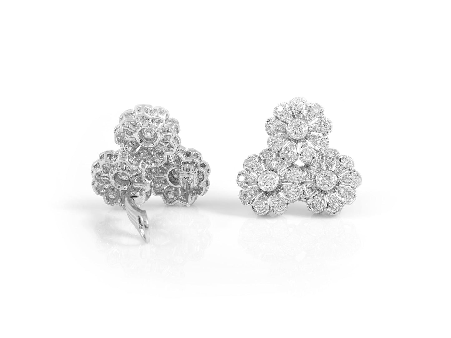 Vintage 1950s 4.28 Carat Diamond Triple Flower Earrings