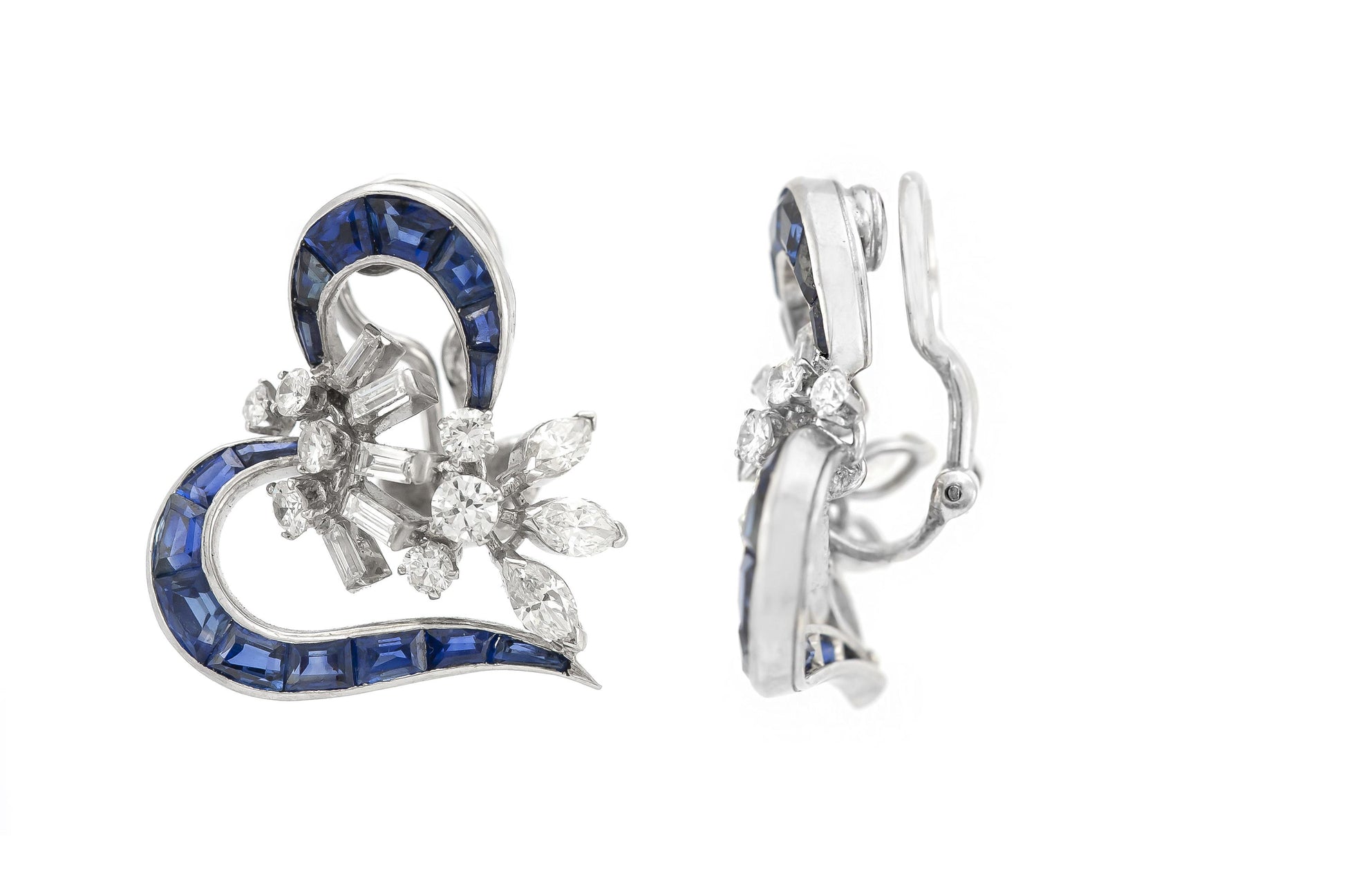 Vintage 1940s Sapphire and Diamond Heart Earrings