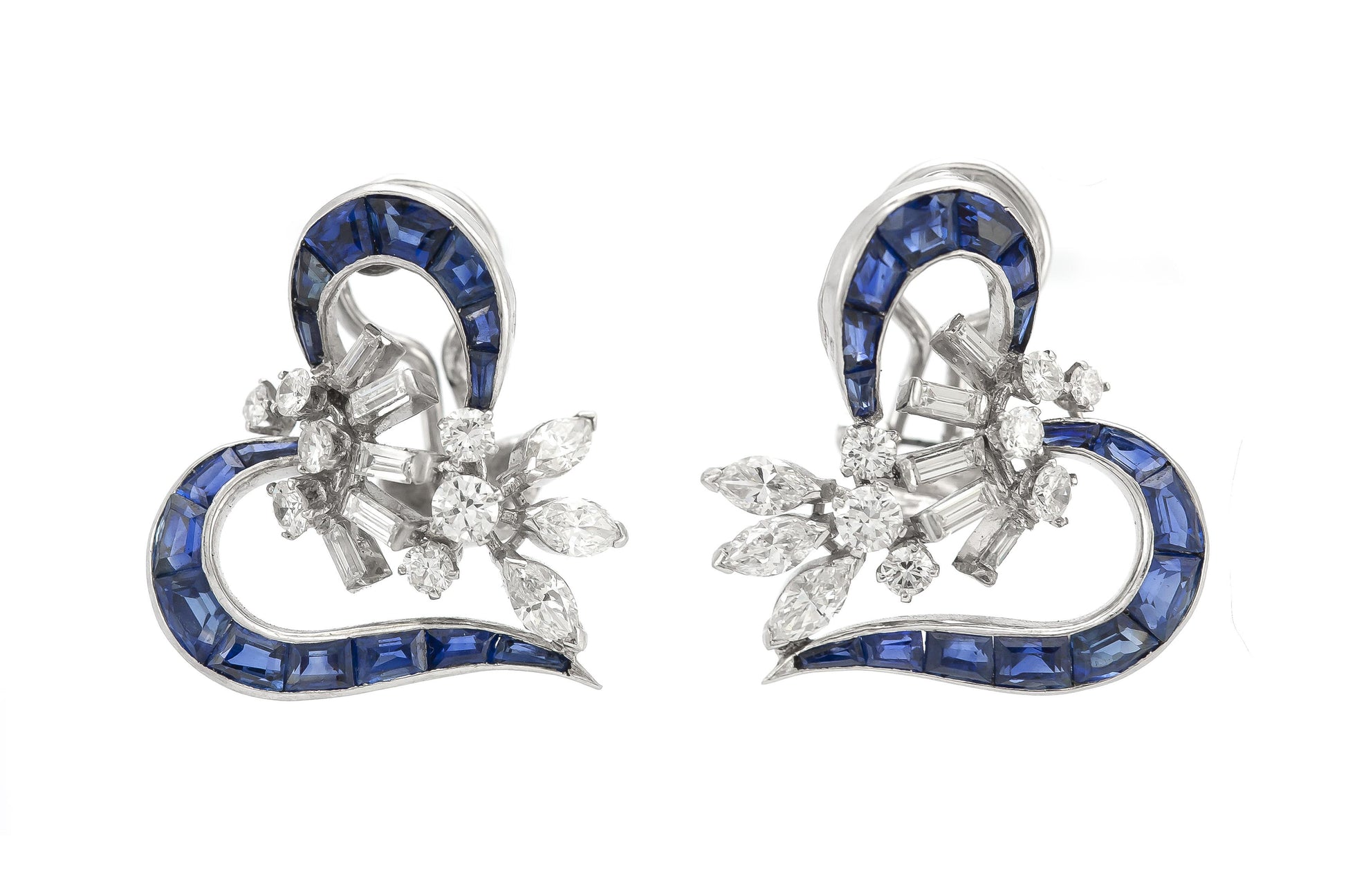 Vintage 1940s Sapphire and Diamond Heart Earrings