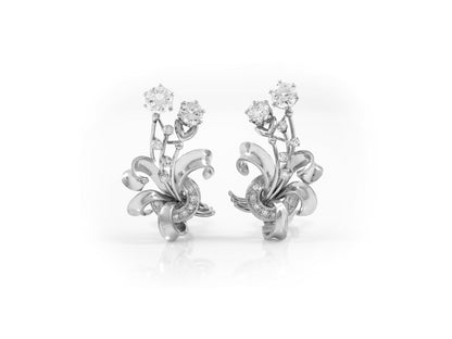 Vintage 1940s 3.80 Carat Diamond Floral Climber Earrings