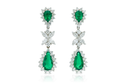 3.50 Carat Pear-Shaped Emeralds & Diamonds Dangle Earrings