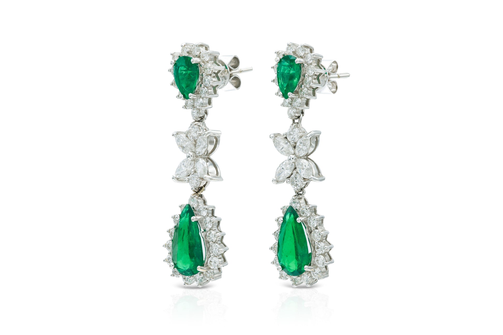 3.50 Carat Pear-Shaped Emeralds & Diamonds Dangle Earrings