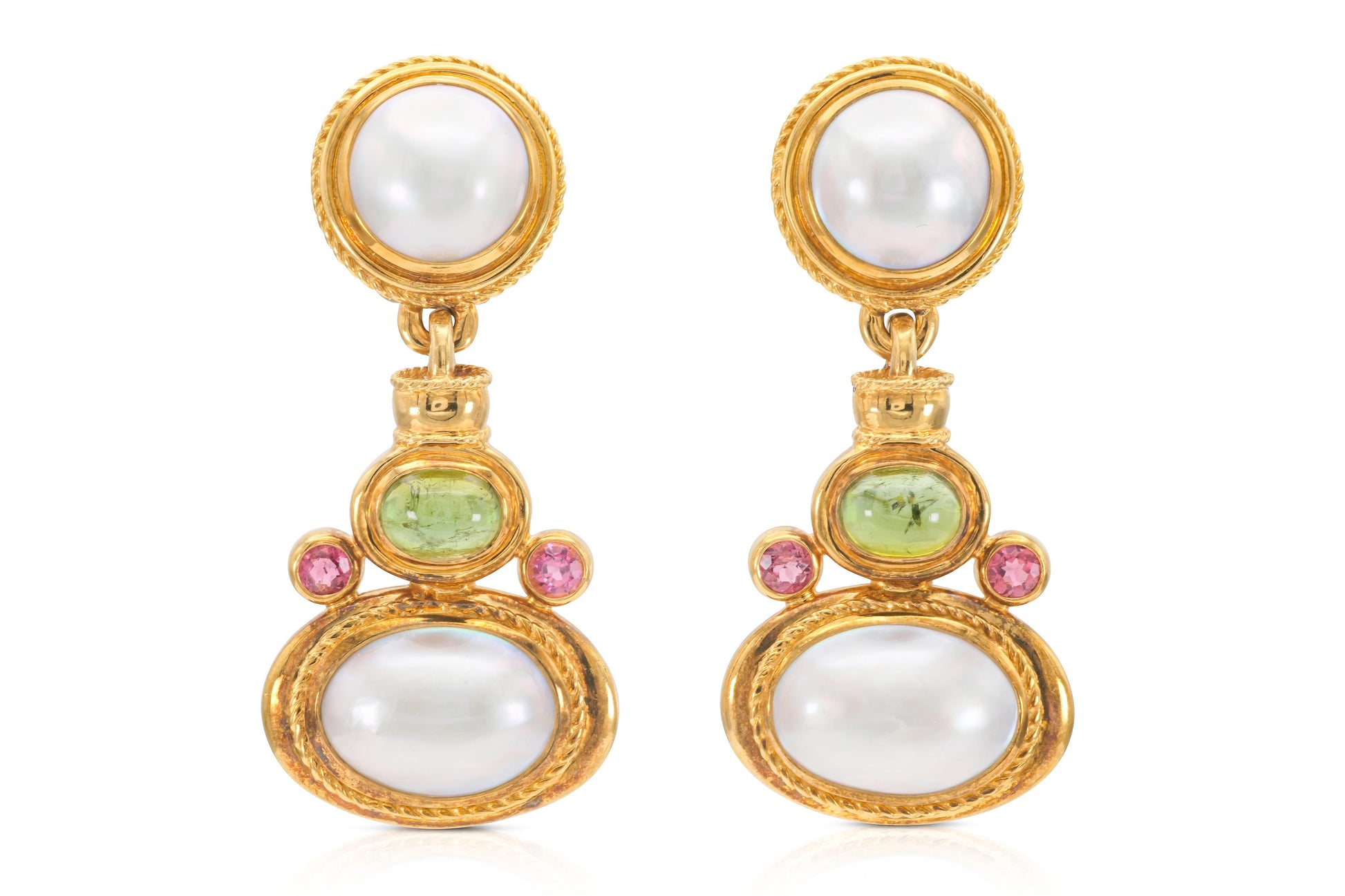Vintage 1970s Pearl, Peridot, & Tourmaline Dangle Earrings