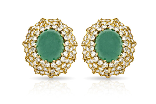 Vintage 1970s David Webb Cabochon Emerald and Diamond Earrings