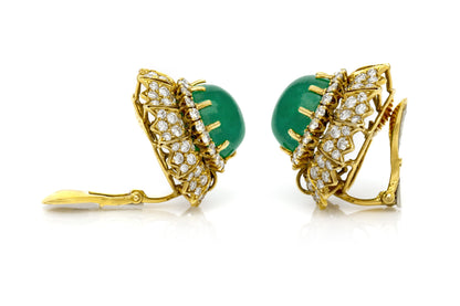 Vintage 1970s David Webb Cabochon Emerald and Diamond Earrings