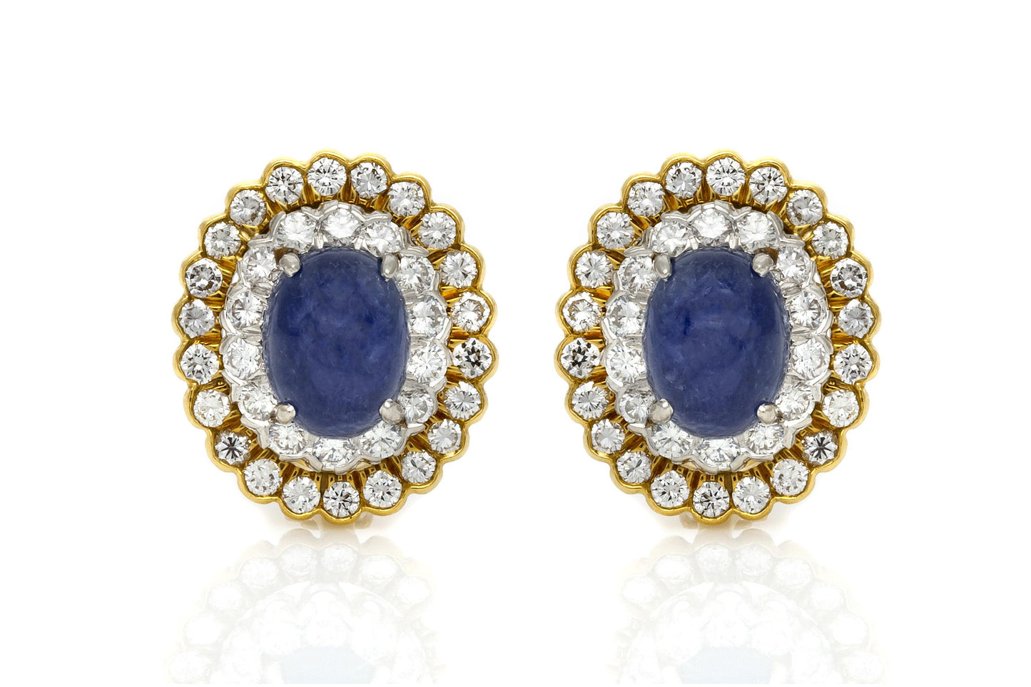 Vintage 1970s David Webb 10.00 Carat Cabochon Sapphire Earrings with Diamonds