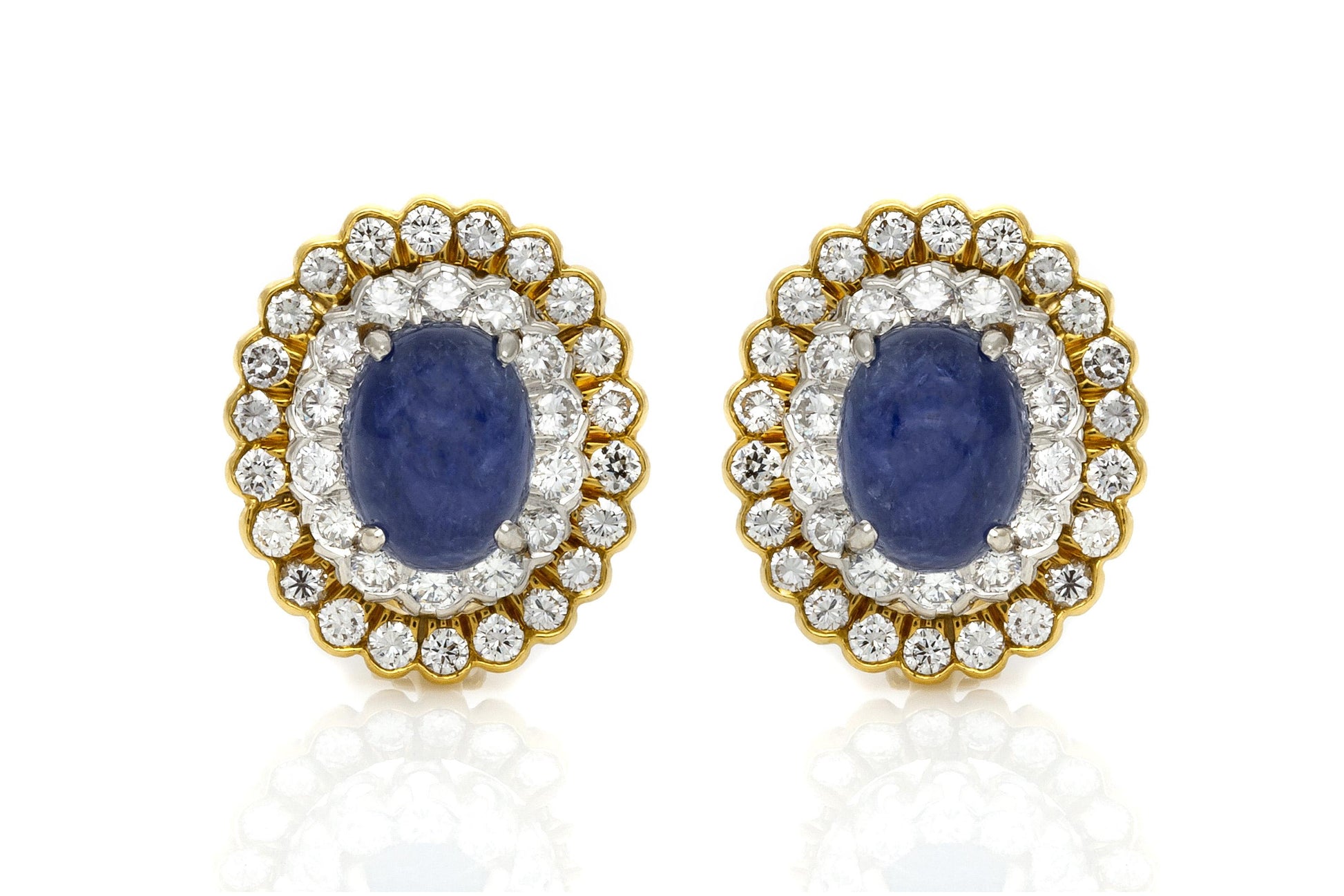 Vintage 1970s David Webb 10.00 Carat Cabochon Sapphire Earrings with Diamonds