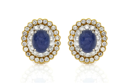 Vintage 1970s David Webb 10.00 Carat Cabochon Sapphire Earrings with Diamonds