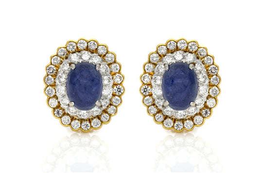 Vintage 1970s David Webb 10.00 Carat Cabochon Sapphire Earrings with Diamonds