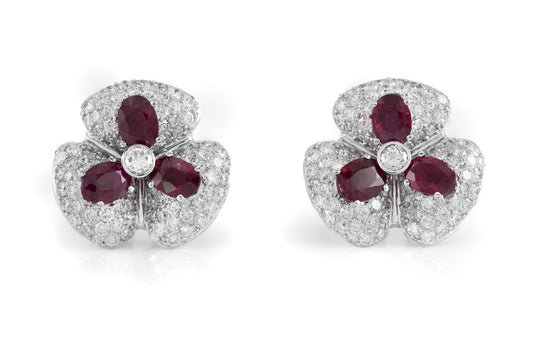 6.00 Carat Ruby and 6.00 Carat Diamond Flower Earrings