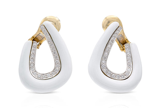 Vintage 1960s David Webb White Enamel and Diamond Earrings