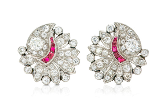 Antique Art Deco 1920s 2.50 Carat Diamond Flower Earrings with Rubies