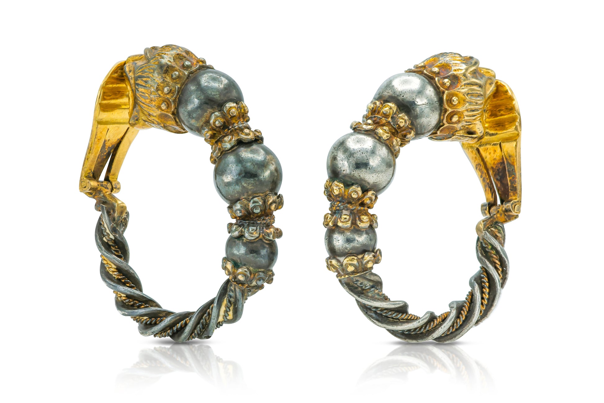 Vintage 1970s Zolotas Silver and Gold Lion Hoop Earrings