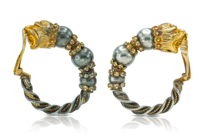 Vintage 1970s Zolotas Silver and Gold Lion Hoop Earrings