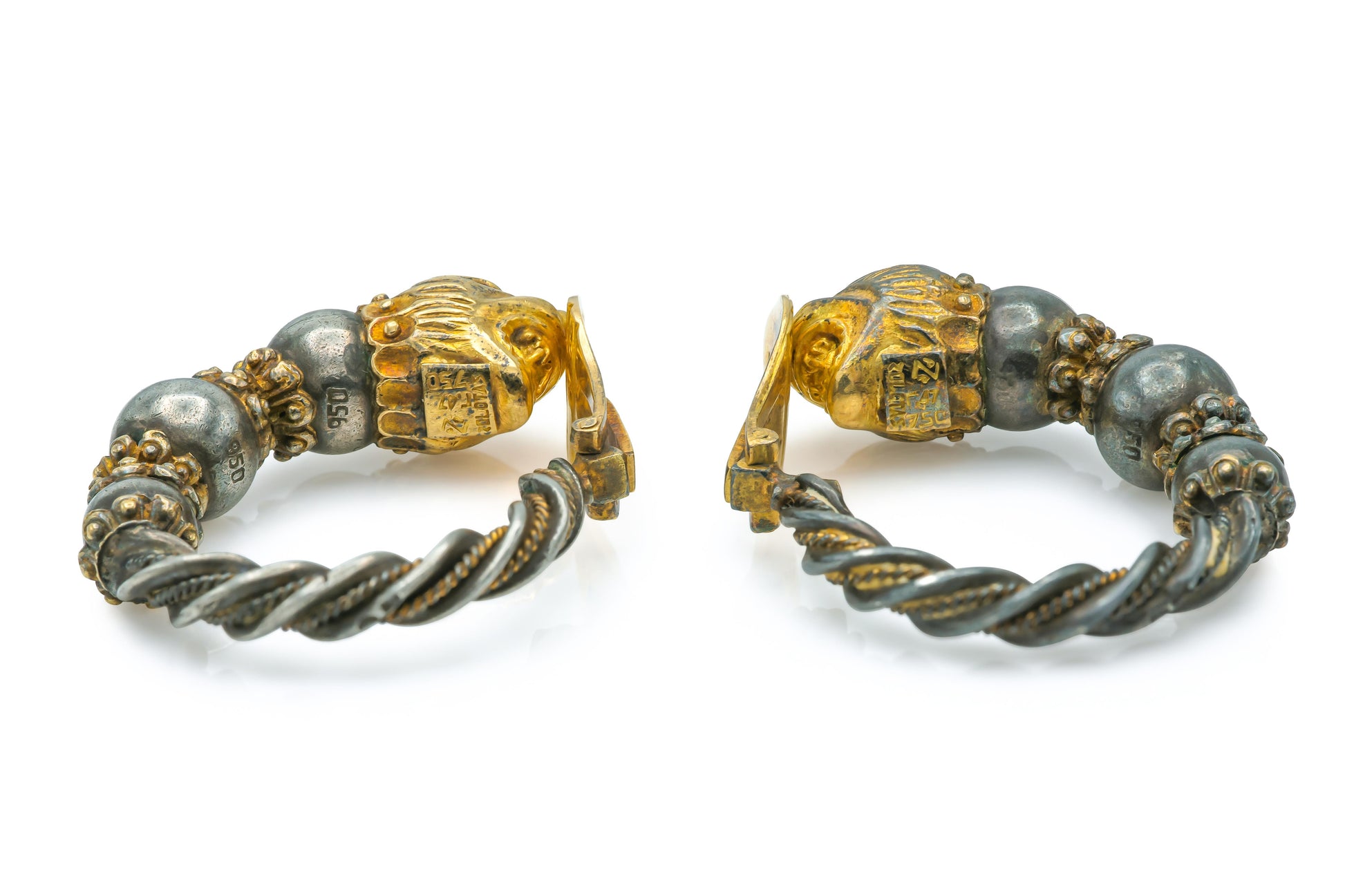 Vintage 1970s Zolotas Silver and Gold Lion Hoop Earrings