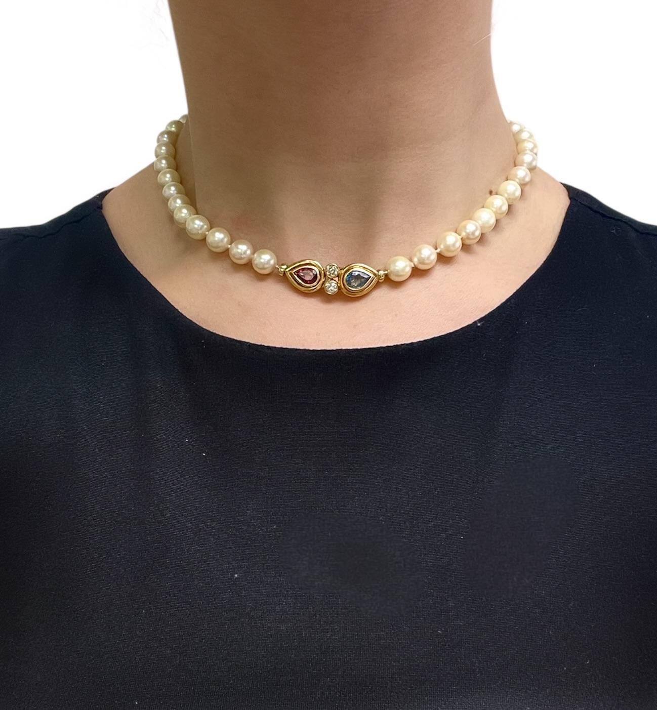 Vintage 1960s Pearl Necklace with Tourmaline, Aquamarine, and Diamonds