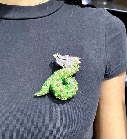 Vintage 1960s Green Enamel Dragon Brooch with Diamonds