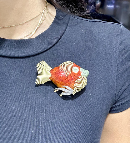 Vintage 1970s Enamel Fish Brooch with Diamonds