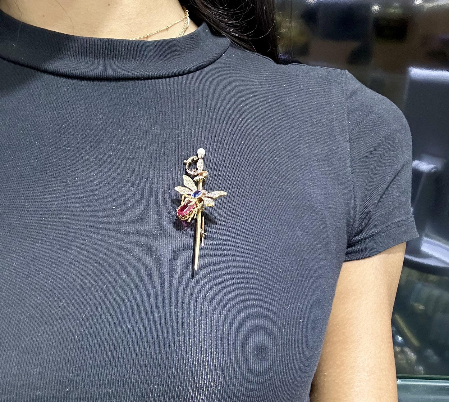 Antique Victorian Red Spinel Bug and Sword Stick Pin with Sapphire and Diamonds