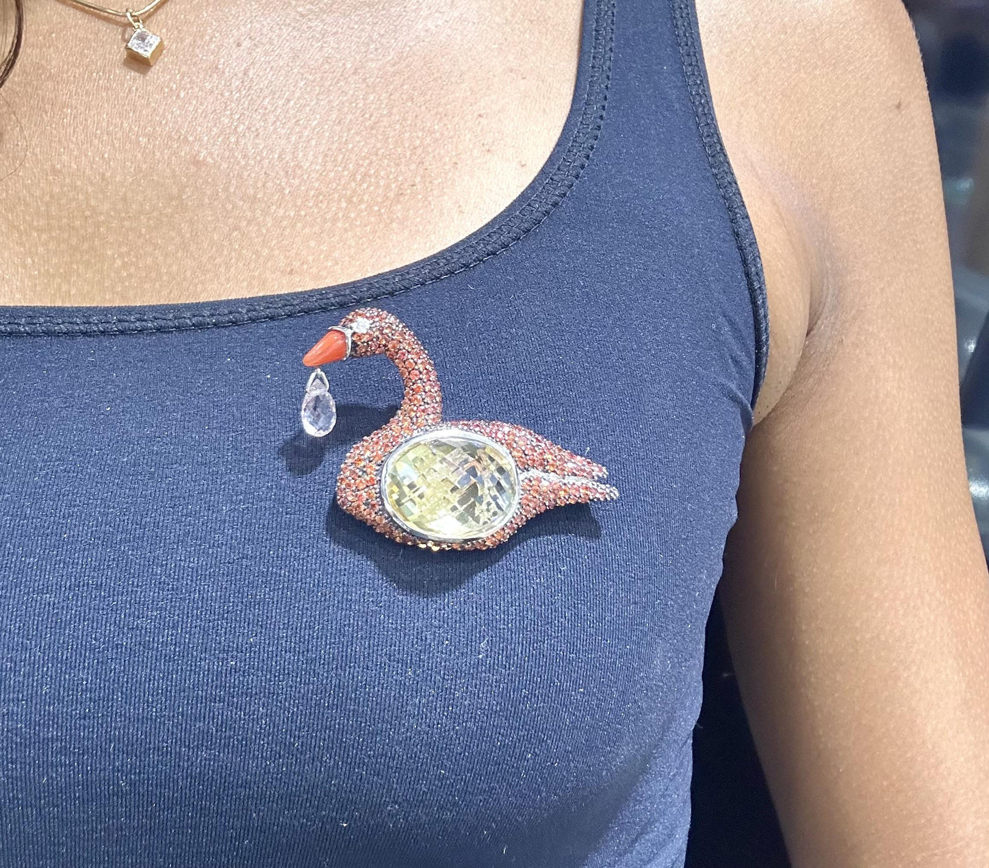 26.81 Carat Yellow Quartz and Orange Sapphire Swan Brooch