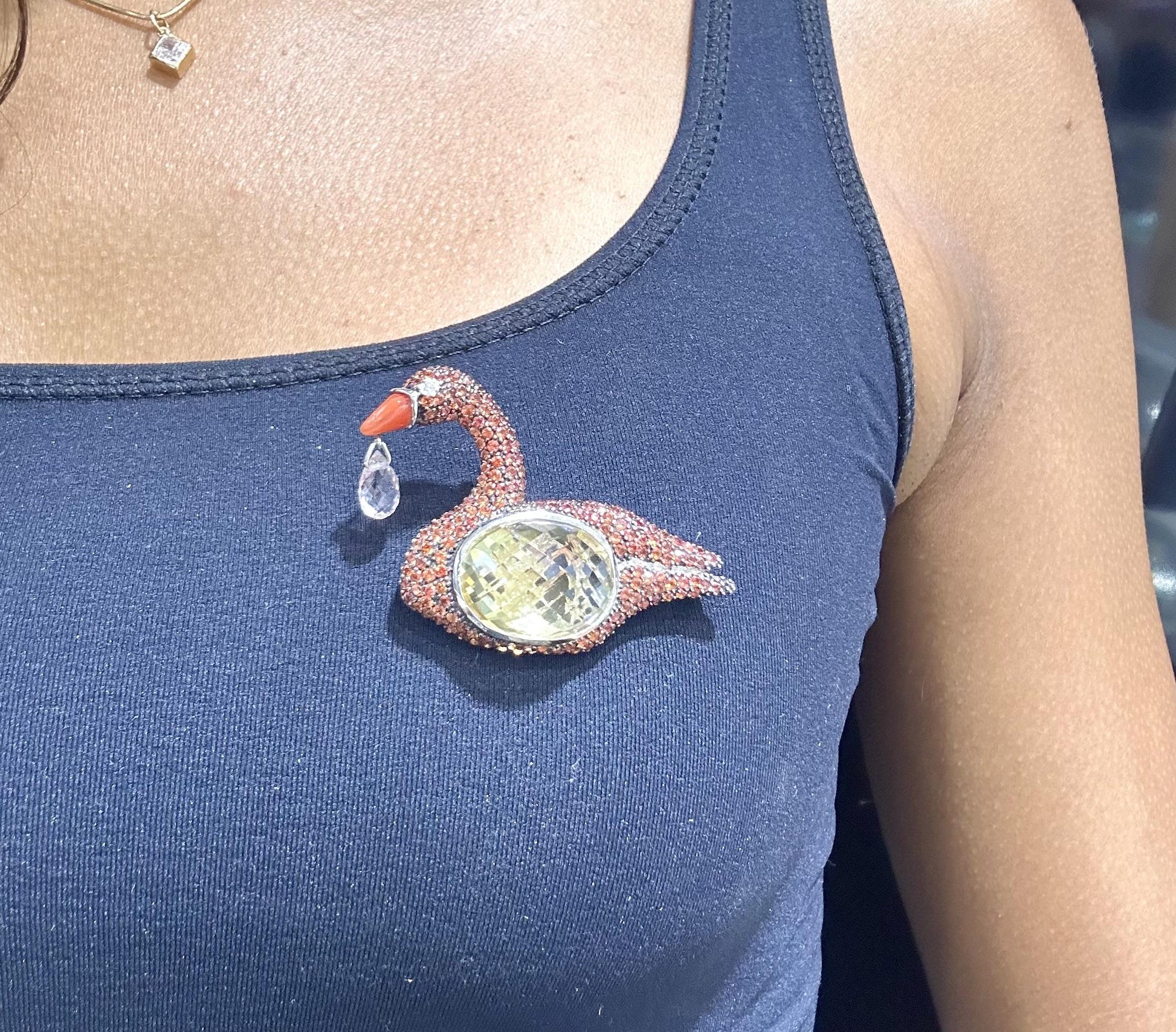 26.81 Carat Yellow Quartz and Orange Sapphire Swan Brooch