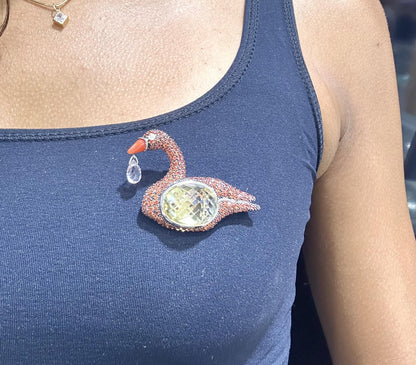 26.81 Carat Yellow Quartz and Orange Sapphire Swan Brooch