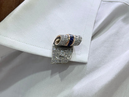 Vintage 1940s Retro 3.90 Carat Diamond Hair Clip Set with Sapphires