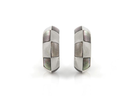 Mauboussin White Gold and Gray Mother of Pearl Checkerboard Huggie Earrings