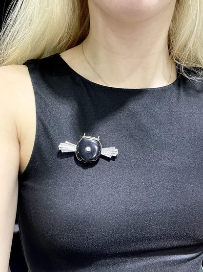 Antique Art Deco 1920s Onyx and 2.50 Carat Diamond Brooch