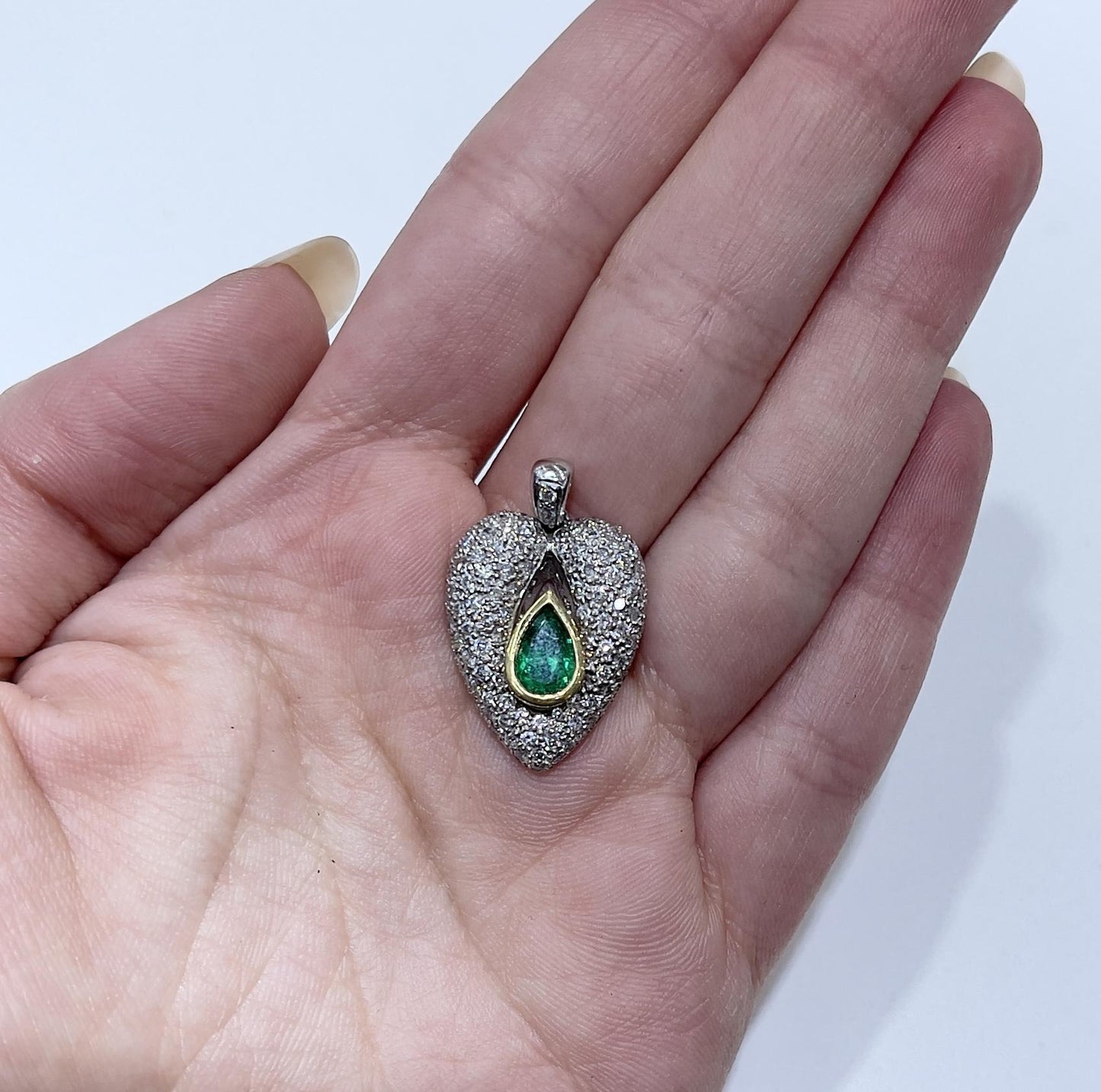 1.00 Carat Pear-Shaped Emerald and 1.30 Carat Diamond Pave Puff Heart Pendant