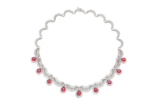 16.15 Carat Pear-Shaped Ruby Drops and 22.10 Carat Diamonds Necklace