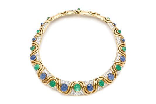 Vintage 1970s David Webb Cabochon Emerald and Sapphire Necklace with Diamonds