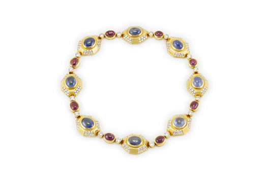 Vintage 1980s Bvlgari Cabochon Sapphire and Ruby Necklace with Diamonds