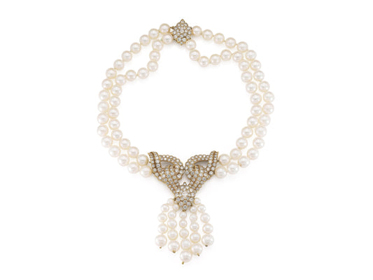 Vintage 1980s Pearl Tassel Necklace with Diamonds