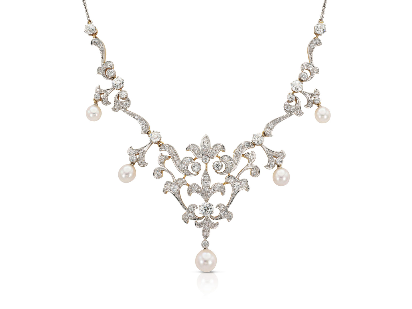 Antique Edwardian 1910s Pearl and 8.50 Carat Diamond Necklace