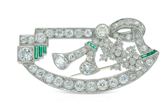 Antique Art Deco 1920s 5.00 Carat Diamond Brooch with Emeralds