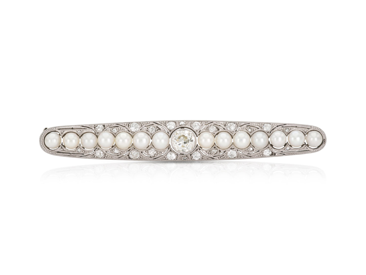 Antique Edwardian 1900s 2.50 Carat Diamond and Pearl Bar Pin