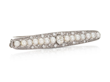 Antique Edwardian 1900s 2.50 Carat Diamond and Pearl Bar Pin