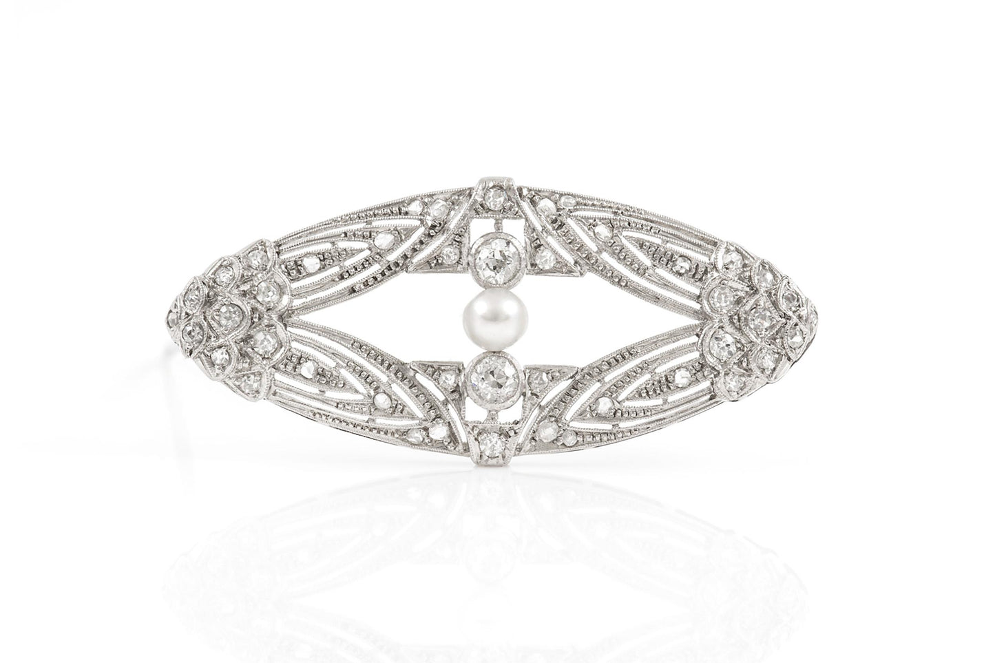 Antique Edwardian 1910s 1.50 Carat Diamond & Pearl Openwork Brooch