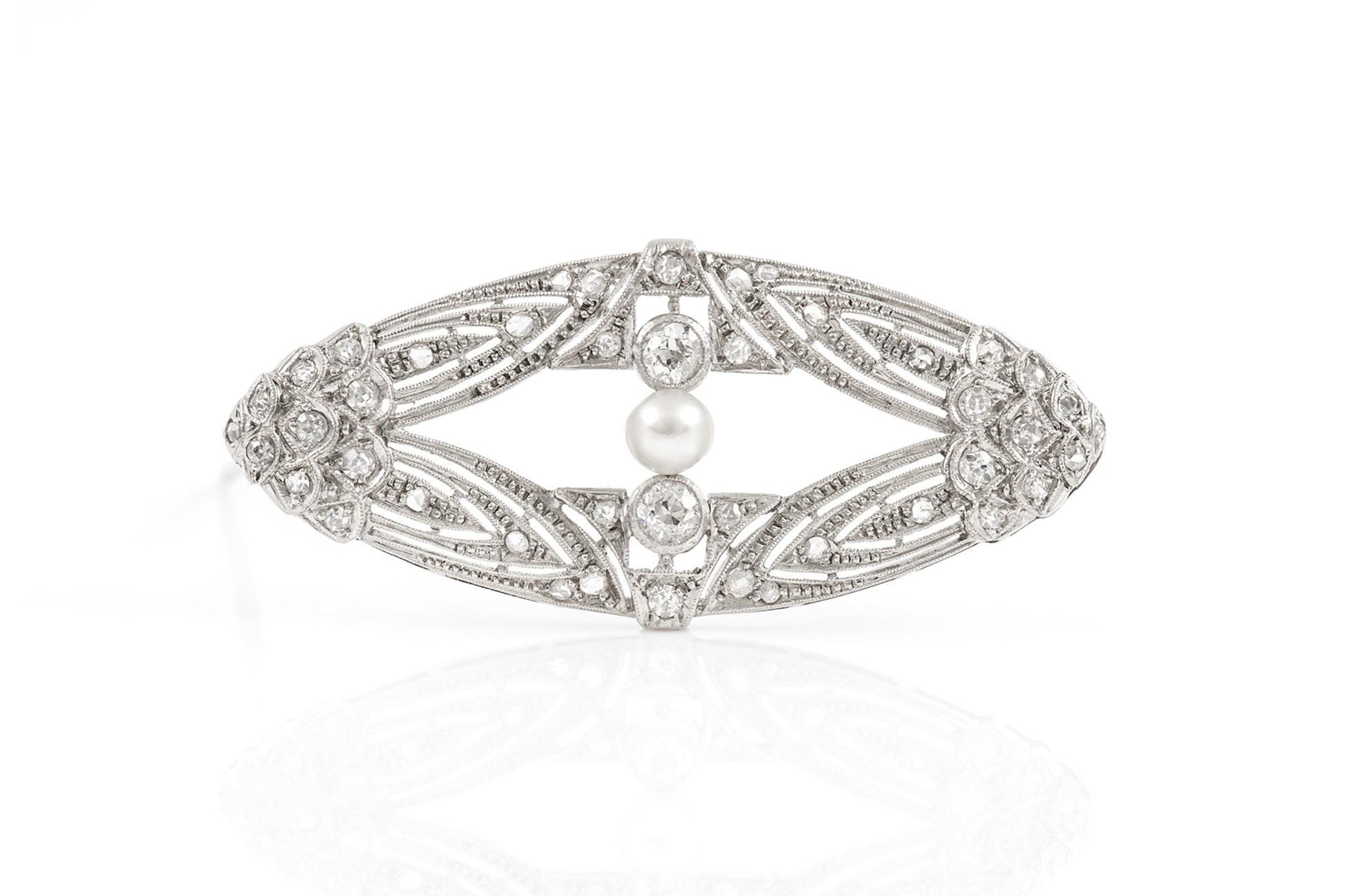 Antique Edwardian 1910s 1.50 Carat Diamond & Pearl Openwork Brooch