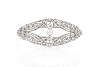 Antique Edwardian 1910s 1.50 Carat Diamond & Pearl Openwork Brooch
