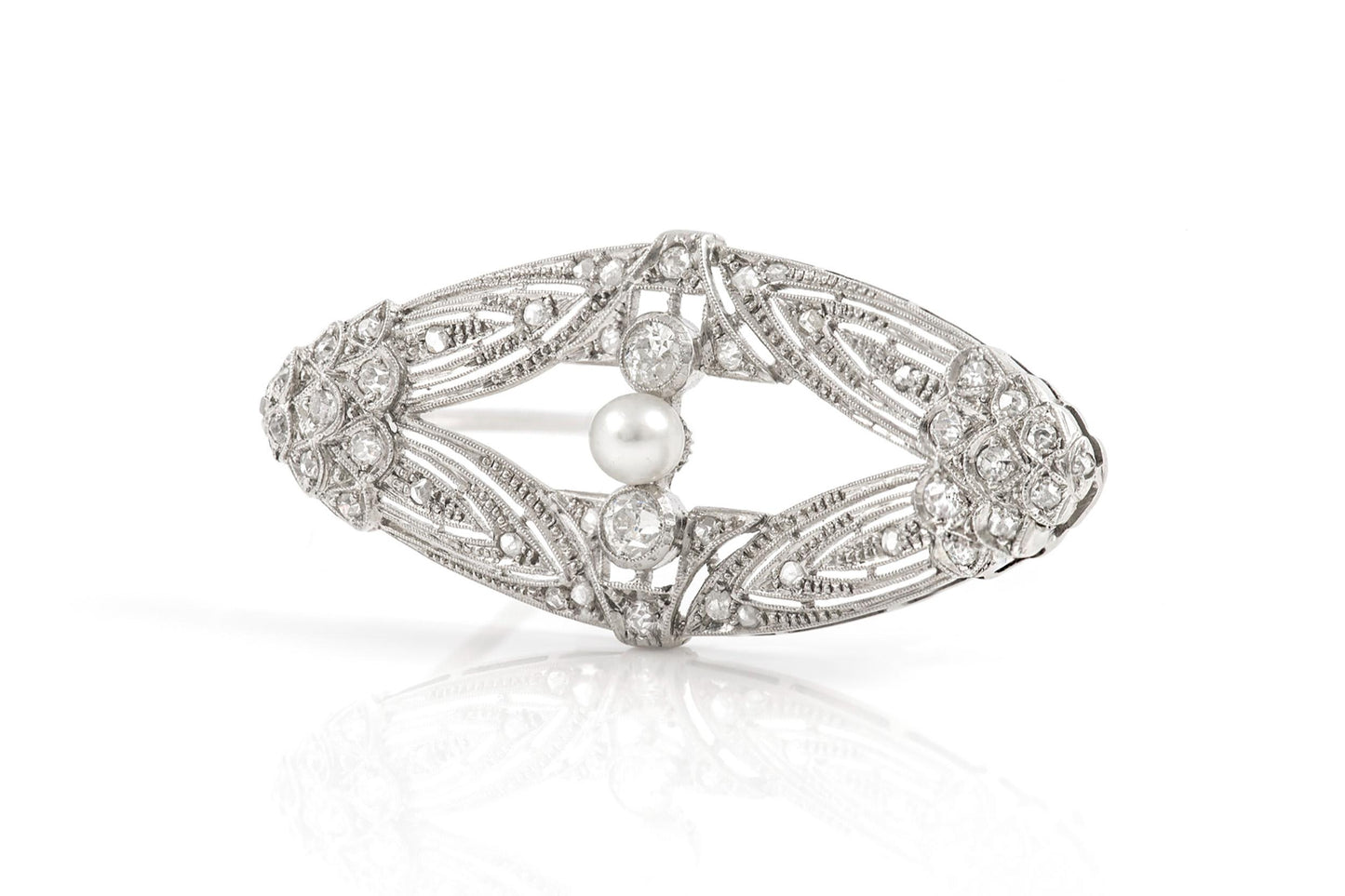Antique Edwardian 1910s 1.50 Carat Diamond & Pearl Openwork Brooch