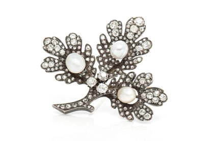 Antique Victorian Pearl and 9.50 Carat Diamond Leaf Brooch