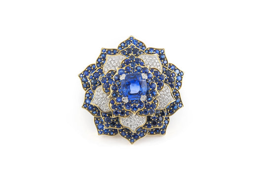 Vintage 1980s Verdura 20.01 Carat Sapphire Flower Brooch with Diamonds