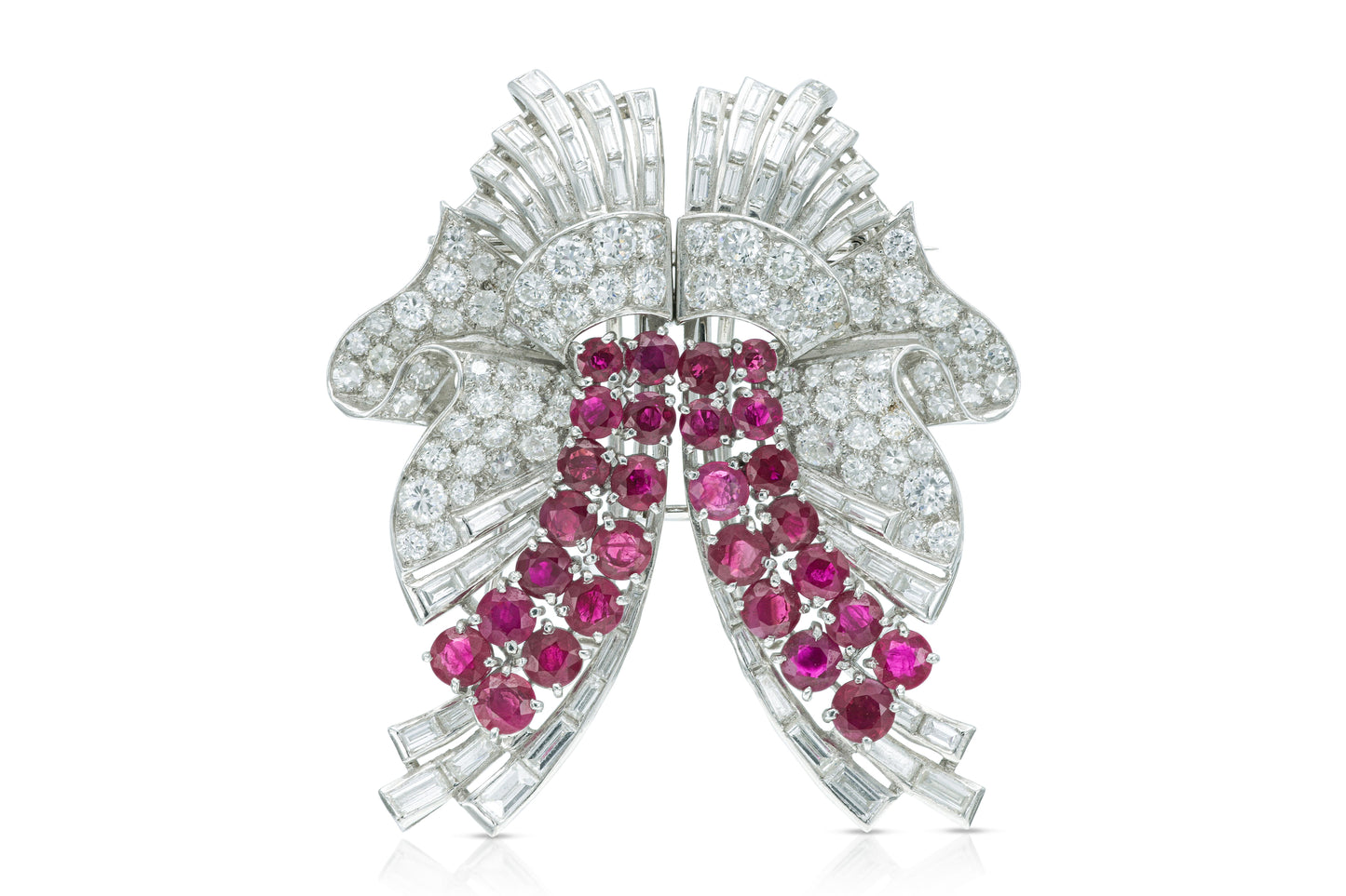 Vintage 1950s 12.00 Carat Diamond & 9.00 Carat Ruby Double Clip Brooch