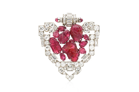 Antique Art Deco 1930s 20.00 Carat Carved Ruby and 9.00 Carat Diamond Brooch