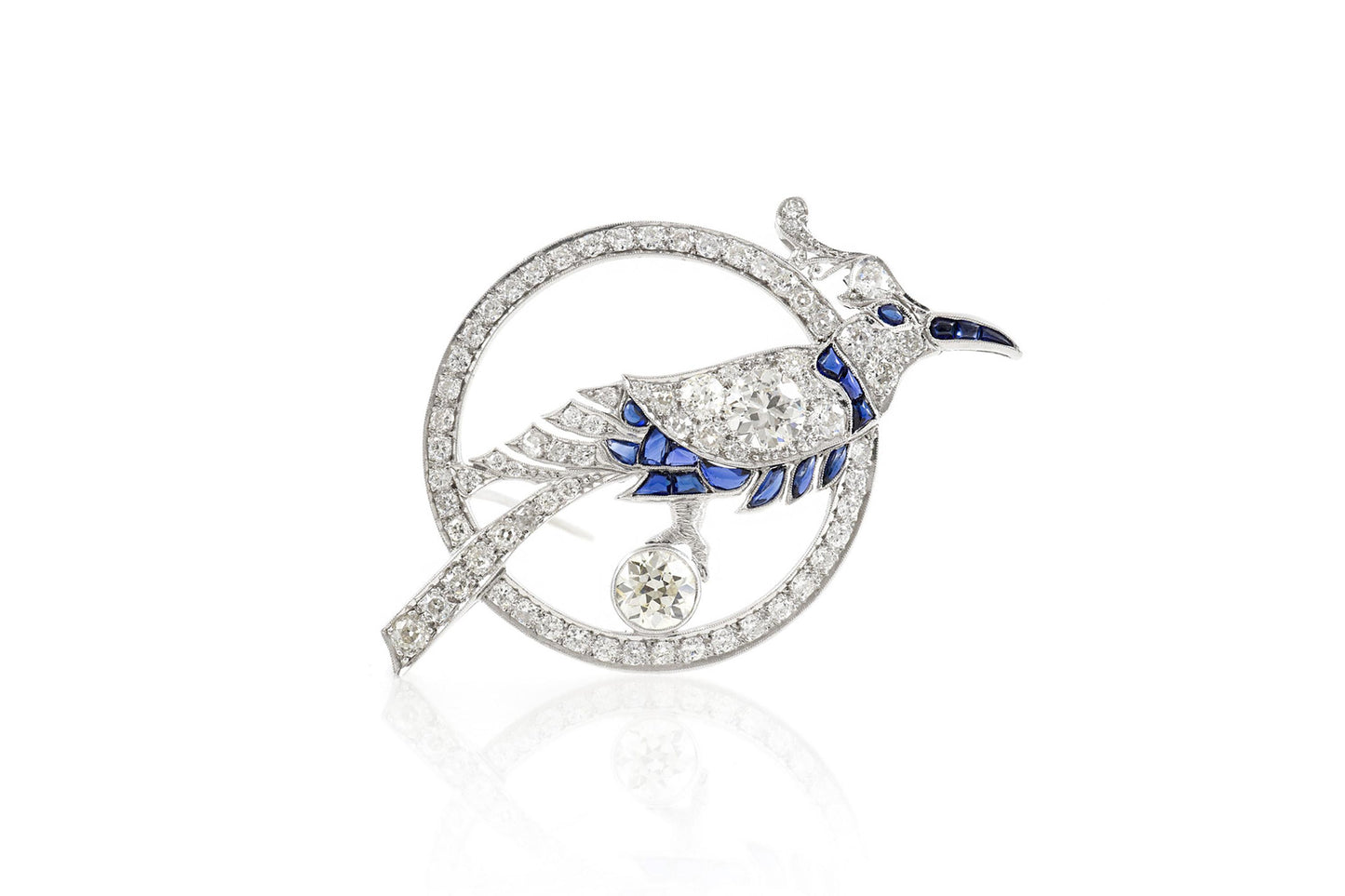 Antique Art Deco 1930s 4.00 Carat Diamond Bird Brooch Pendant with Sapphires