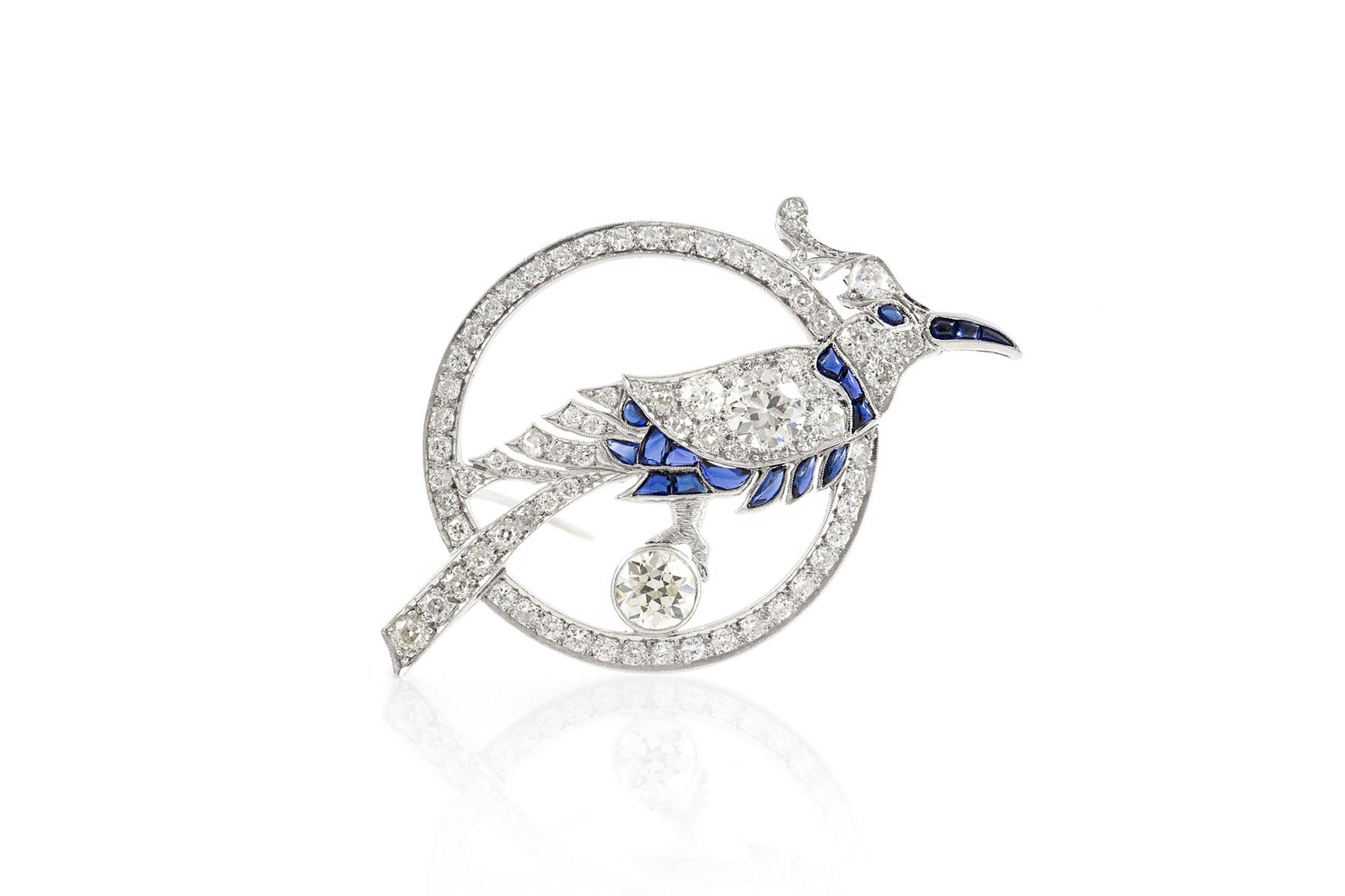 Antique Art Deco 1930s 4.00 Carat Diamond Bird Brooch Pendant with Sapphires